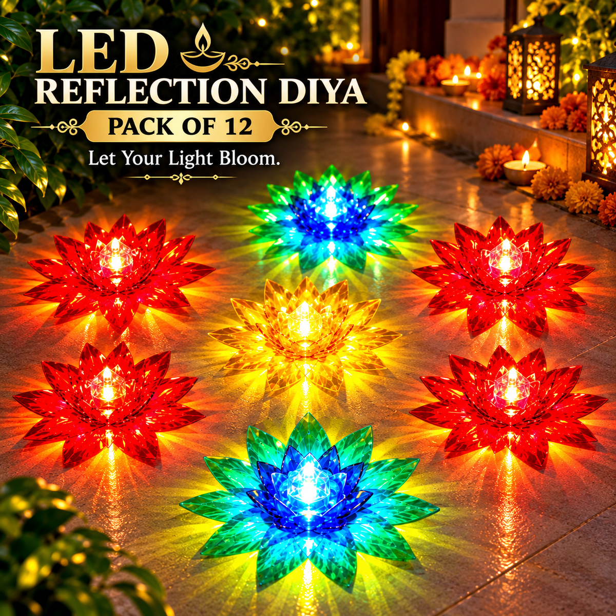 Lotus Glow Water-Activated Diyas – Pack of 12 🪔✨ | No Oil LED Reflection Lamps