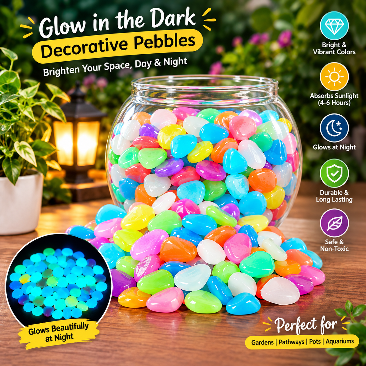 Multicolor Luminous Stones – Glow in the Dark Decorative Pebbles ✨