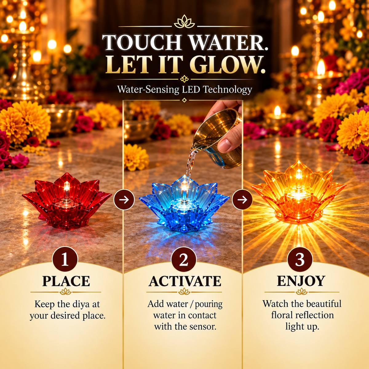 Lotus Glow Water-Activated Diyas – Pack of 12 🪔✨ | No Oil LED Reflection Lamps